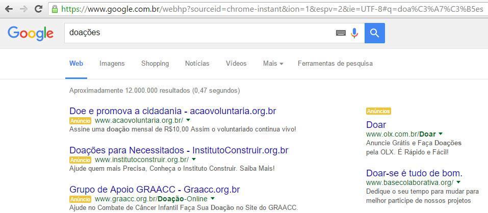 Exemplo de anúncio no Google Grants